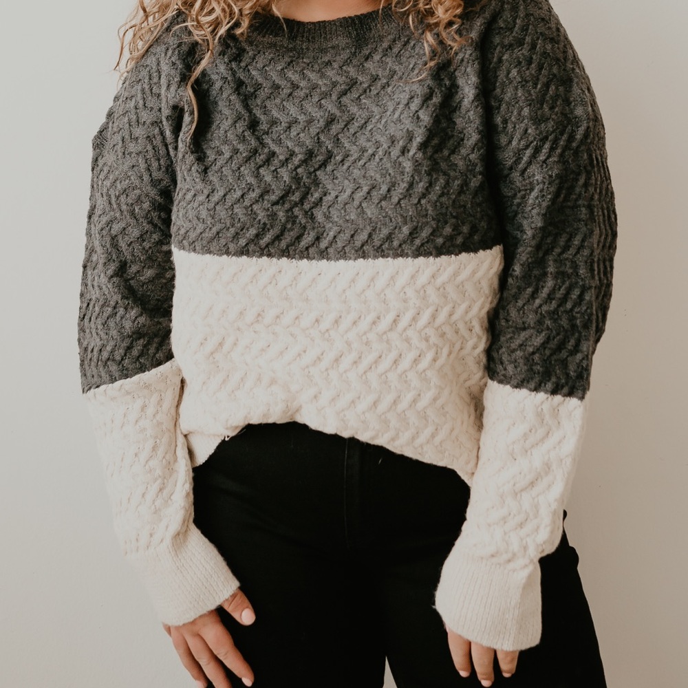 Dark Grey and White Color Block Sweater